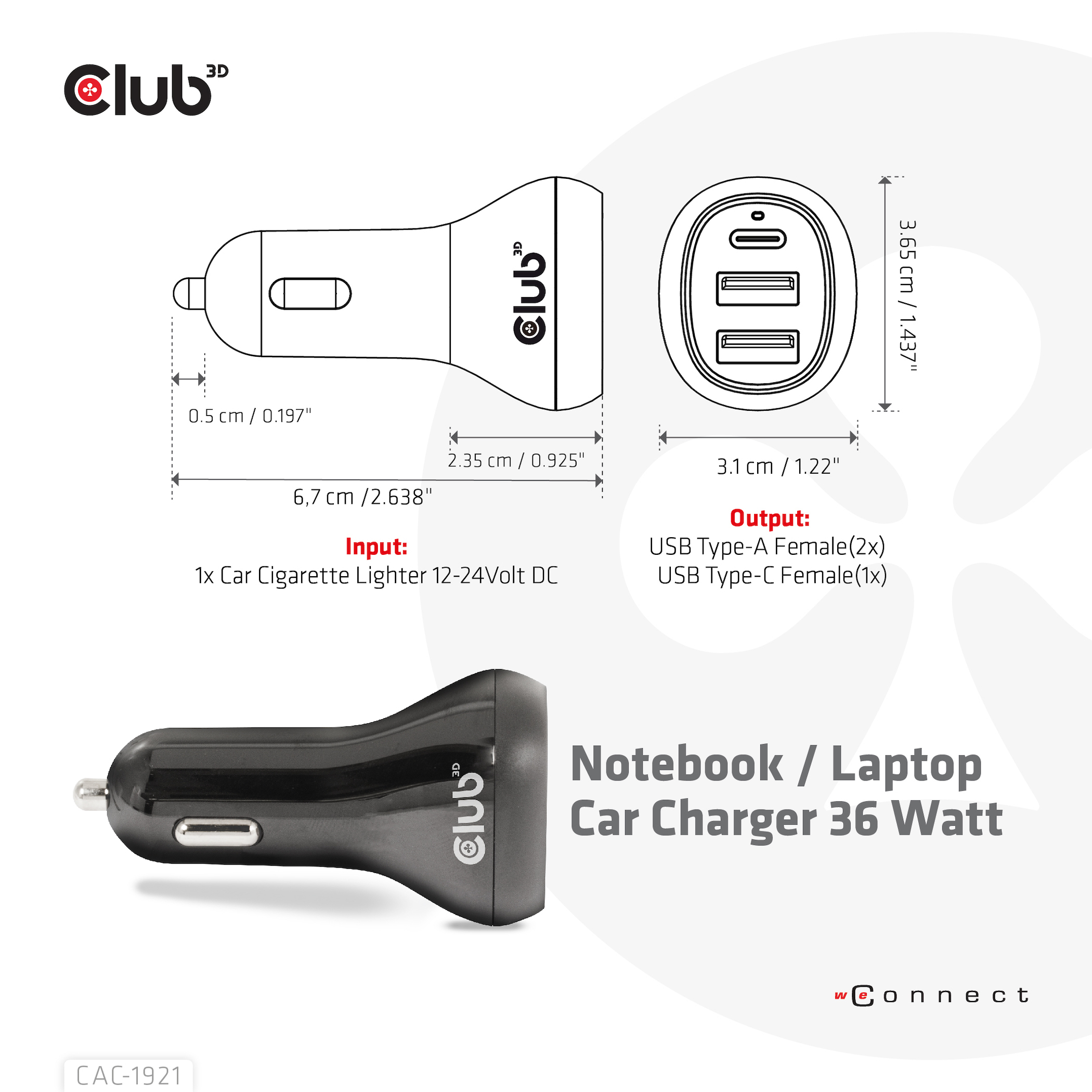 CLUB3D Notebook / Laptop Car Charger 36 Watt - Afbeelding 4