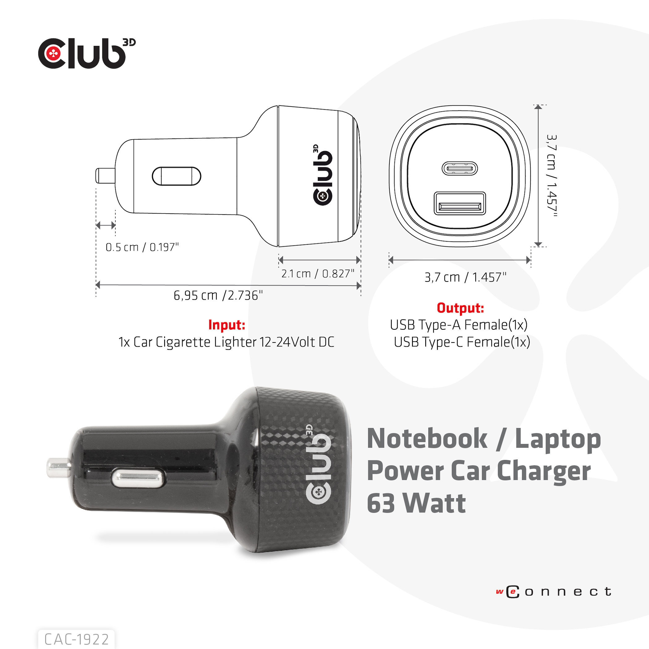 CLUB3D Notebook / Laptop Power Car Charger 63 Watt - Afbeelding 4