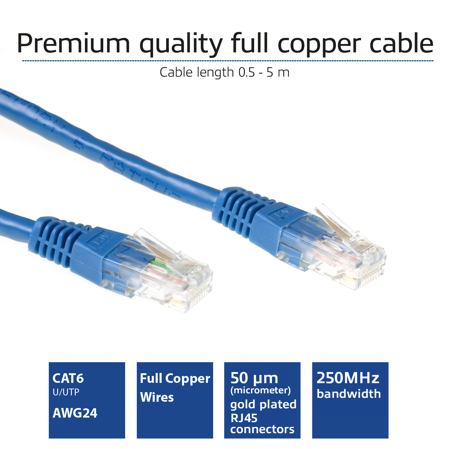 ACT Blauwe 0,25 meter U/UTP CAT6 patchkabel met RJ45 connectoren - Afbeelding 3