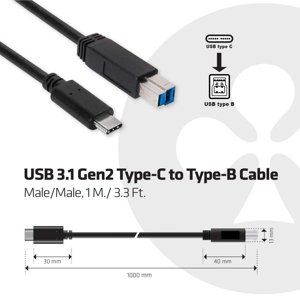 CLUB3D USB 3.1 Gen2 Type-C to Type-B Cable Male/Male, 1 meter - Afbeelding 4
