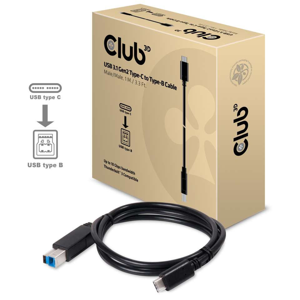 CLUB3D USB 3.1 Gen2 Type-C to Type-B Cable Male/Male, 1 meter - Afbeelding 3