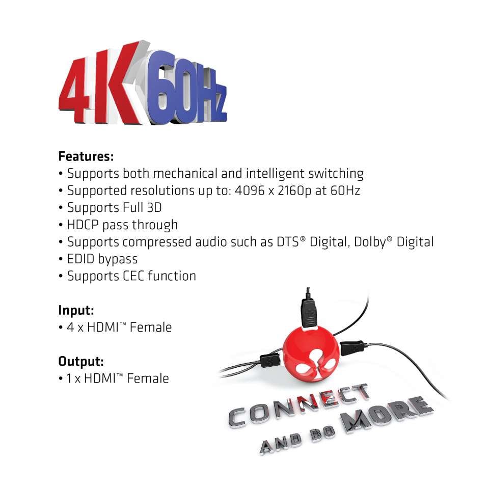 CLUB3D HDMI™ 2.0 UHD 4K60Hz SwitchBox 4 poorten en inbegrepen IR-afstandsbediening - Afbeelding 6