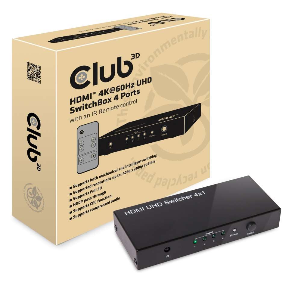 CLUB3D HDMI™ 2.0 UHD 4K60Hz SwitchBox 4 poorten en inbegrepen IR-afstandsbediening - Afbeelding 3