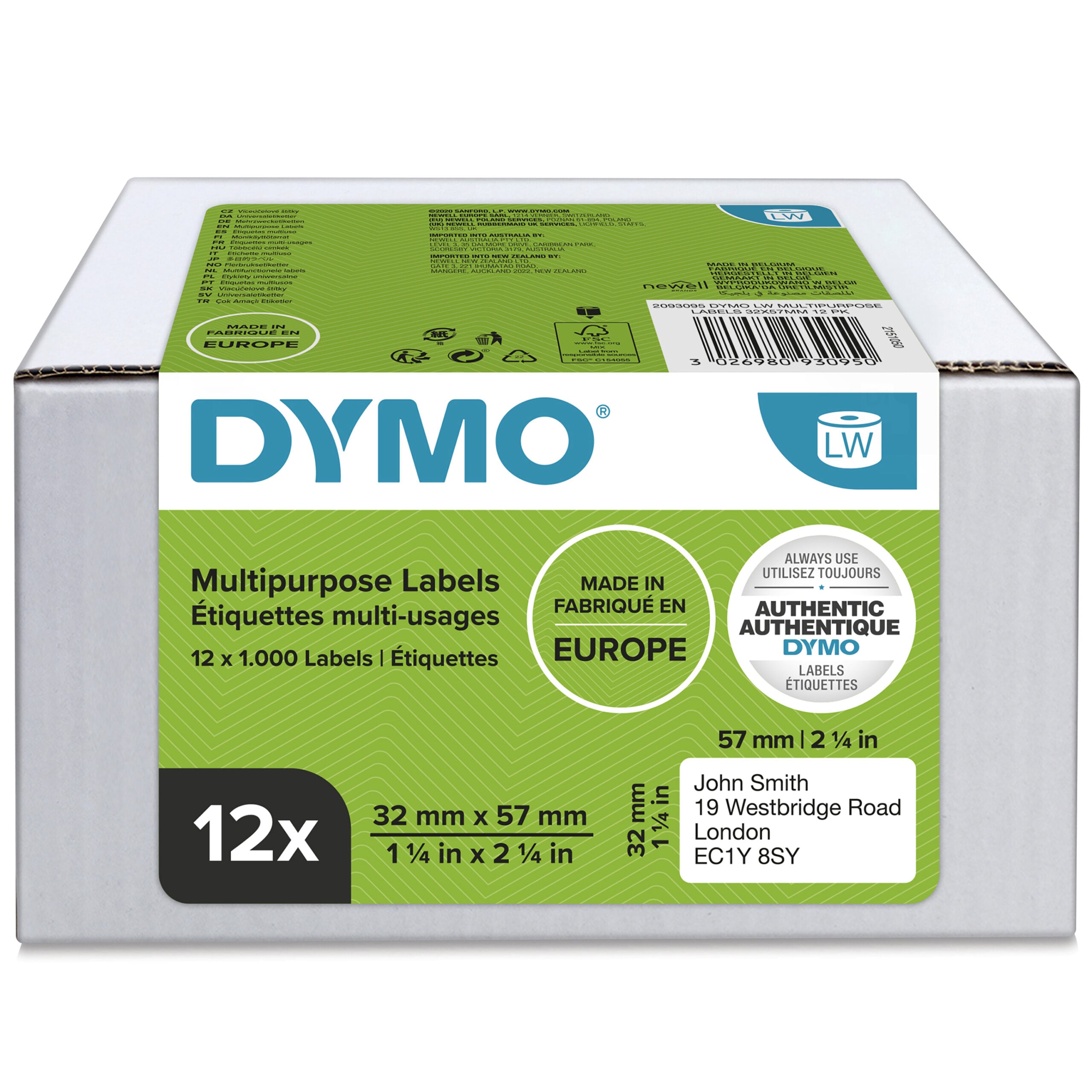 DYMO originele LabelWriter multifunctionele labels | 32 mm x 57 mm | 12 met elk 1000 labels (12.000 zelfklevende etiketten) | voor de LabelWriter labelprinters | gemaakt in Europa