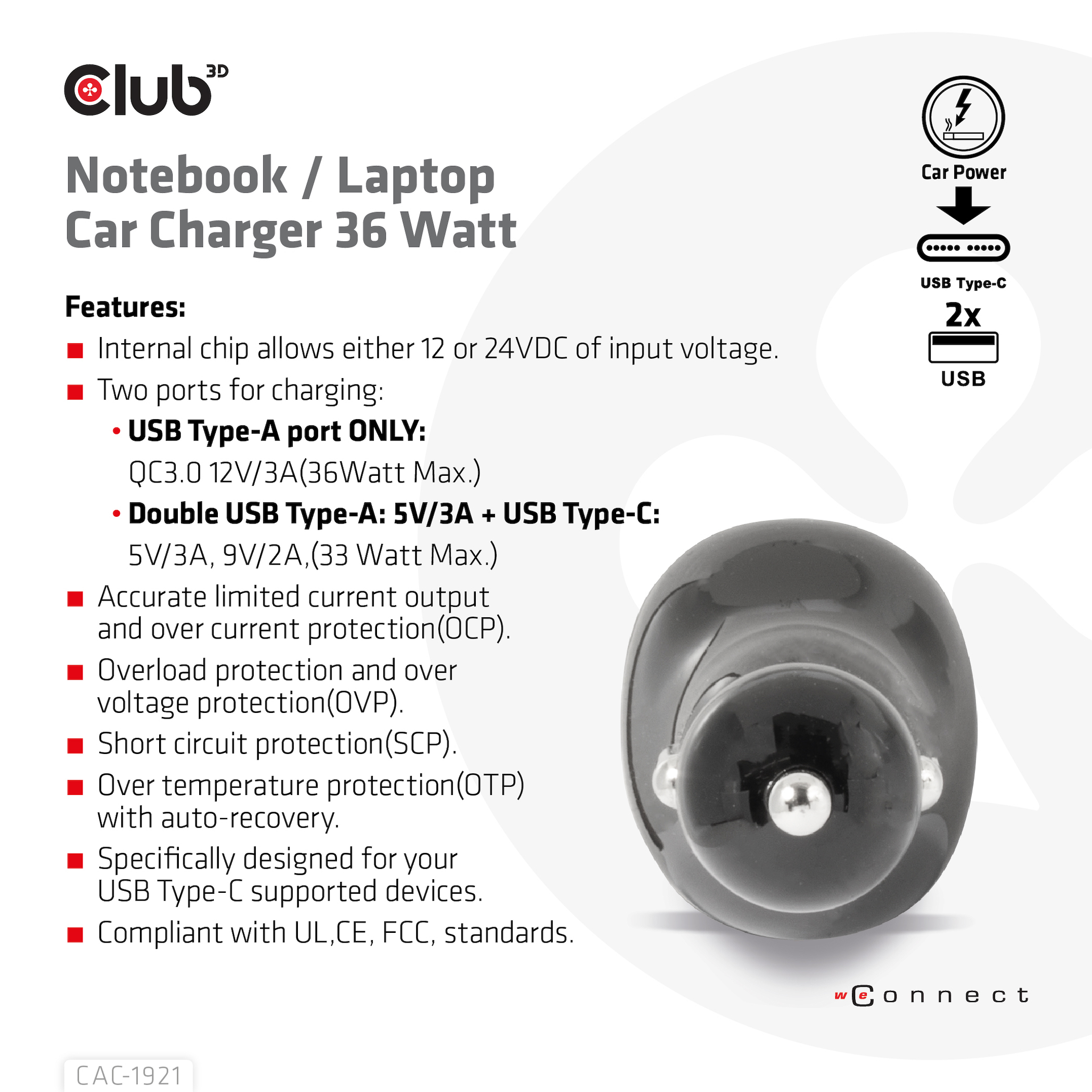 CLUB3D Notebook / Laptop Car Charger 36 Watt - Afbeelding 8