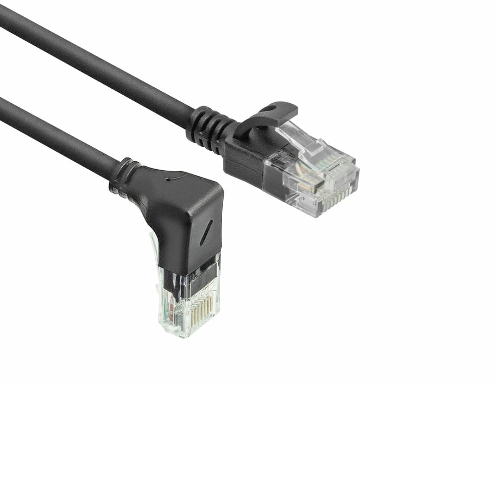ACT Zwarte 0,25 meter U/UTP CAT6A LSZH slimline patchkabel met RJ45 connectoren, recht naar 90° haaks beneden