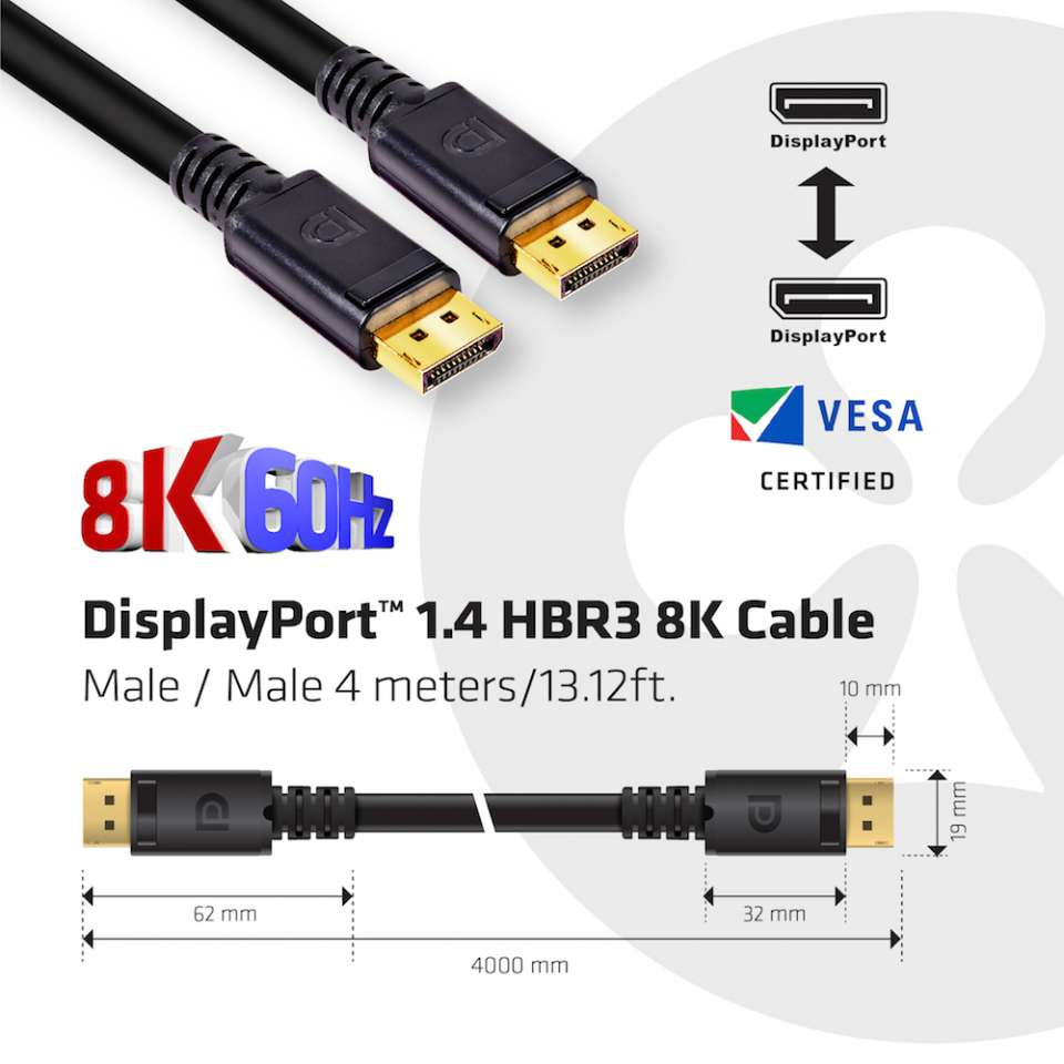 CLUB3D DisplayPort 1.4 HBR3 8K Kabel M/M 4meter - Afbeelding 4