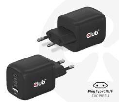 CLUB3D Travel Charger PPS 65Watt GAN technology, Triple port (2x USB Type-C + USB Type-A) Power Delivery(PD) 3.0 Support