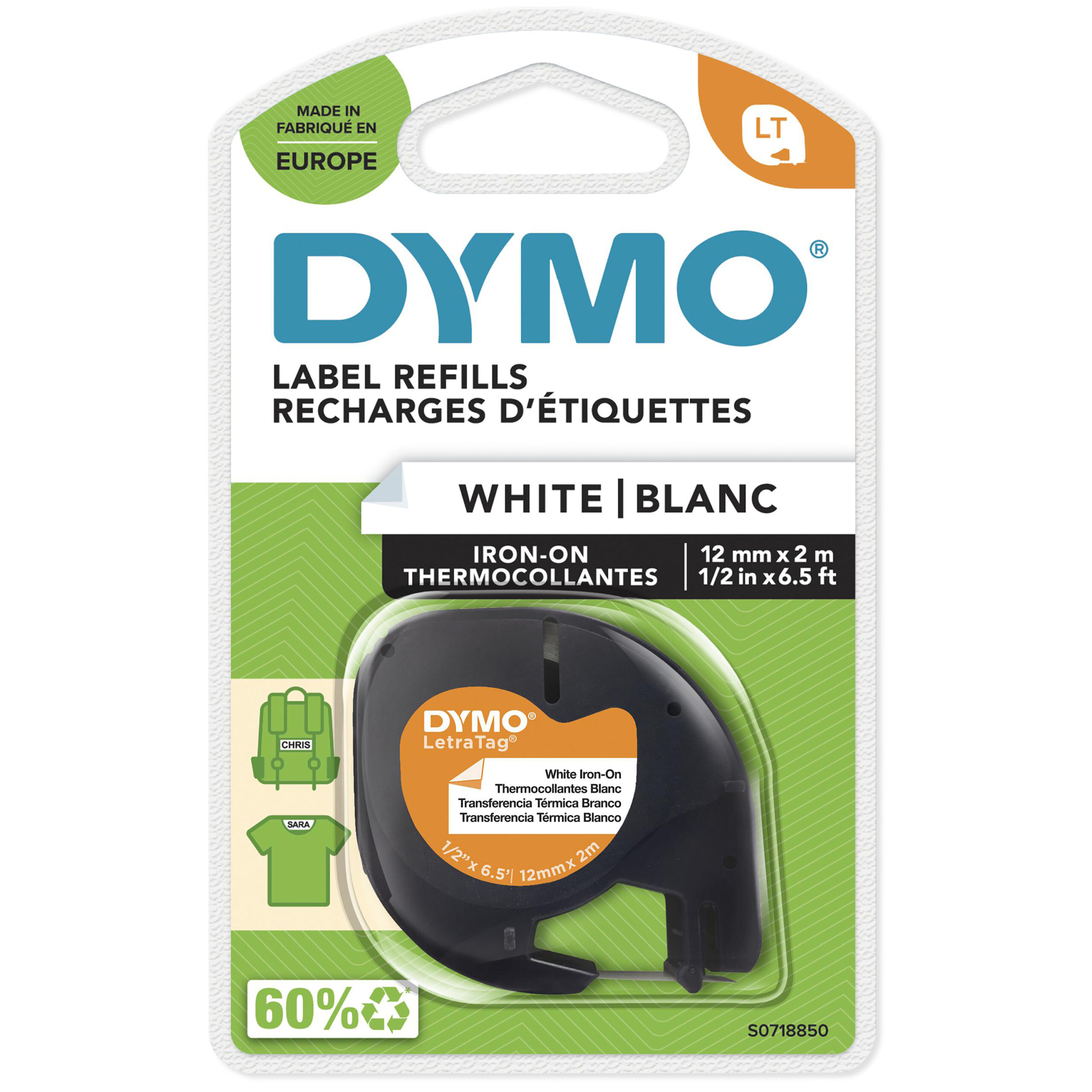DYMO LetraTag originel opstrijkbare textiellabels | 12 mm x 2 m rol | Zwart afdrukken op witte etiketten | opstrijkbaar voor LetraTag-printers