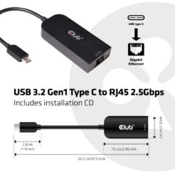 CLUB3D USB 3.2 Gen1 Type C to RJ45 2.5Gbps Adapter - Afbeelding 3