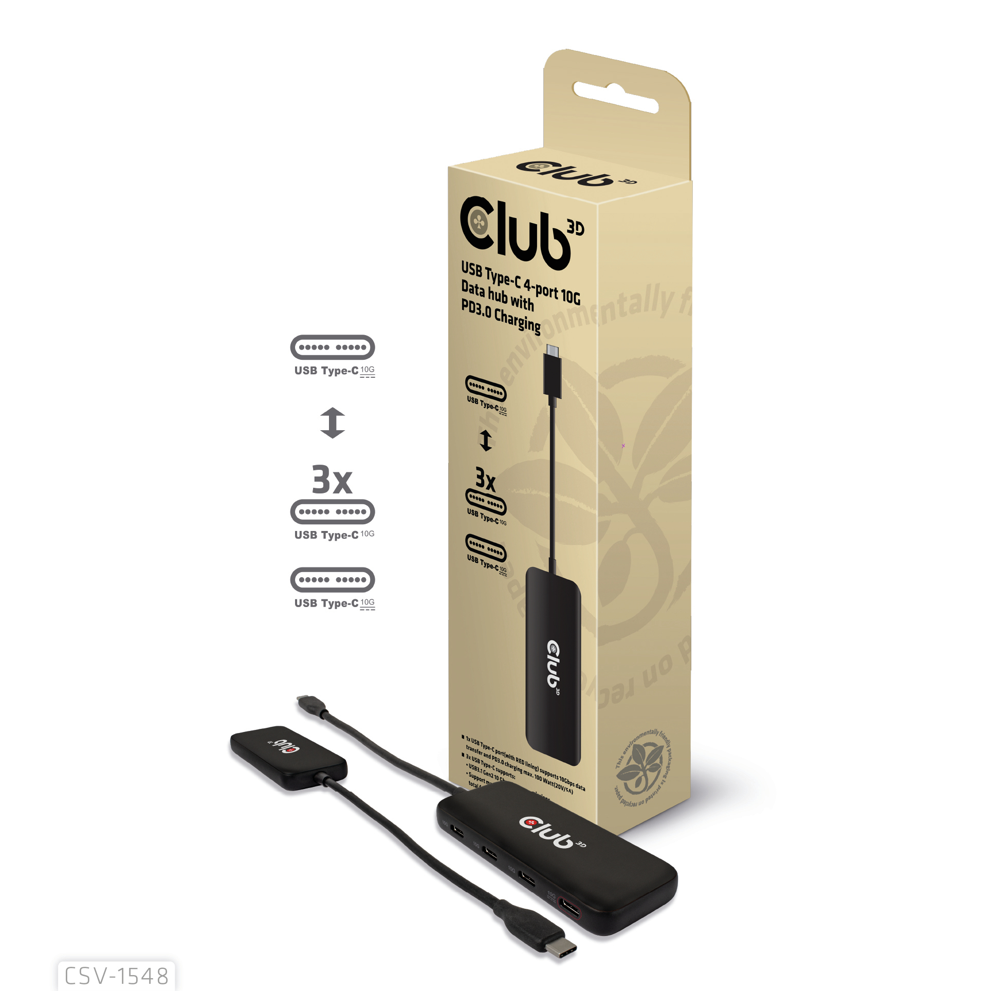 CLUB3D CSV-1548 interface hub USB 3.2 Gen 1 (3.1 Gen 1) Type-C Zwart - Afbeelding 2