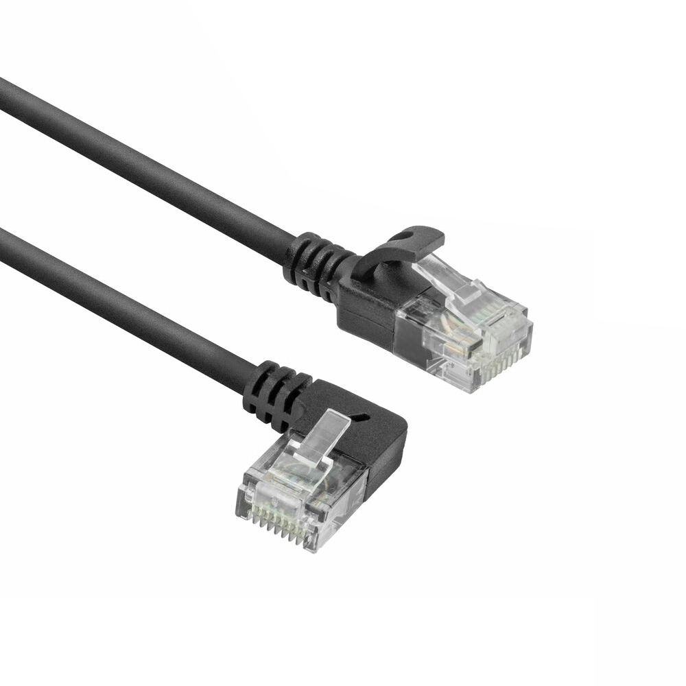 ACT Zwarte 0,15 meter U/UTP CAT6A LSZH slimline patchkabel met RJ45 connectoren, recht naar 90° haaks links
