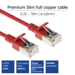 ACT Rode 0,5 meter LSZH U/FTP CAT6A datacenter slimline patchkabel snagless met RJ45 connectoren - Afbeelding 3
