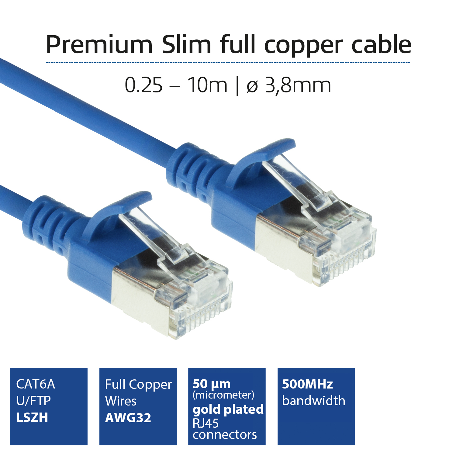 ACT Blauwe 0,25 meter LSZH U/FTP CAT6A datacenter slimline patchkabel snagless met RJ45 connectoren - Afbeelding 3