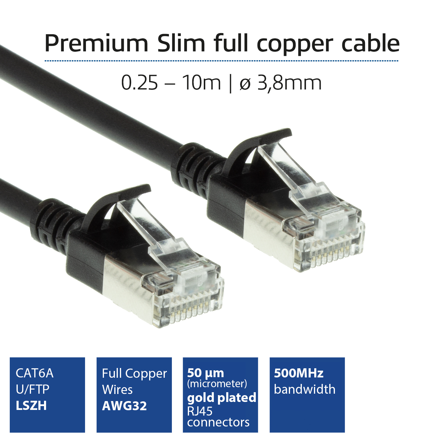 ACT Zwarte 3 meter LSZH U/FTP CAT6A datacenter slimline patchkabel snagless met RJ45 connectoren - Afbeelding 3