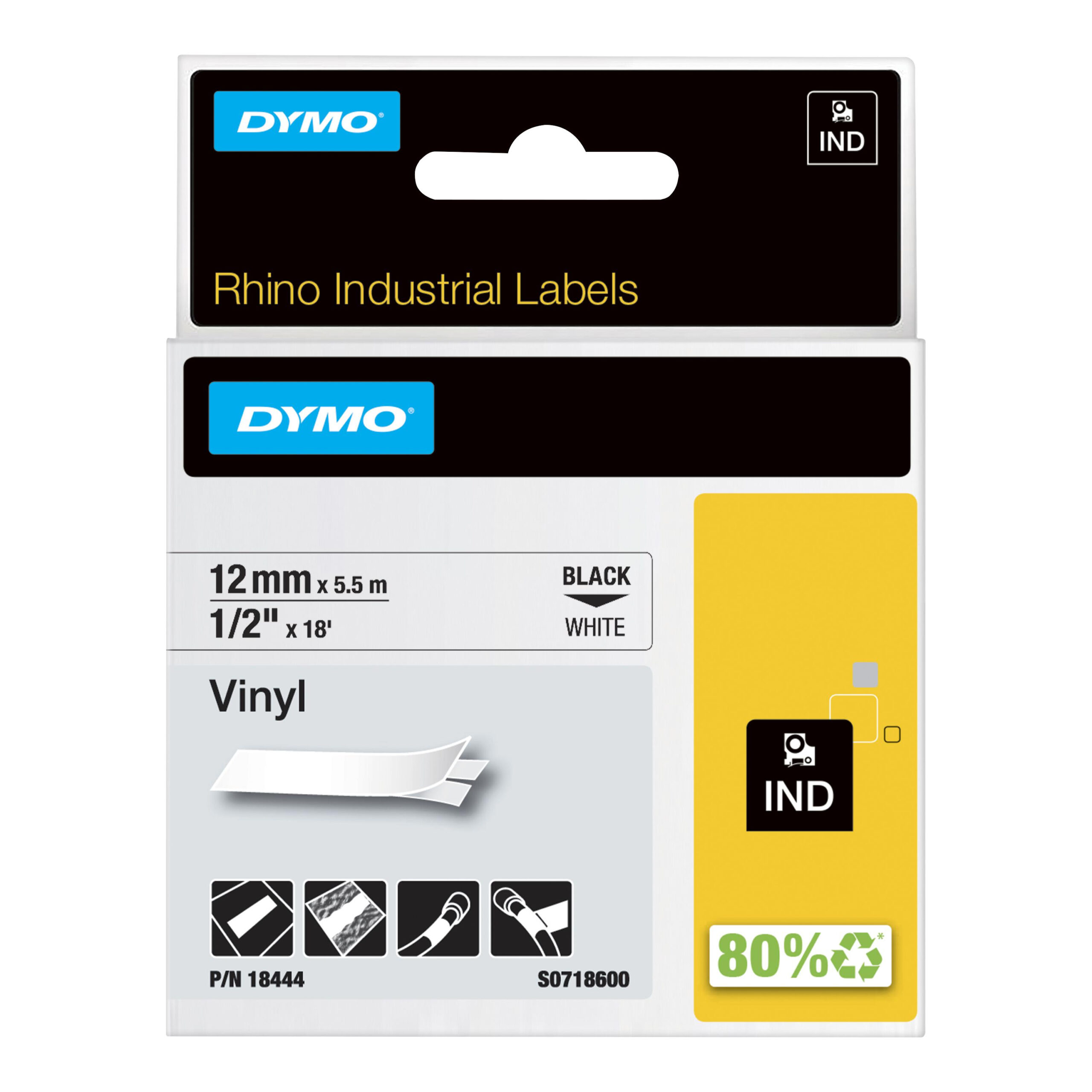 DYMO Rhino industriële Vinyl Labels | 12 mm x 5,5 m | zwarte afdruk op wit | zelfklevende labels voor Rhino & LabelManager labelprinters - Afbeelding 2
