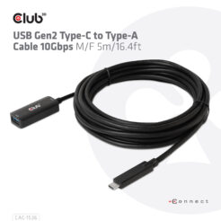 CLUB3D USB Gen2 Type-C to Type-A Cable 10Gbps M/V 5m - Afbeelding 3