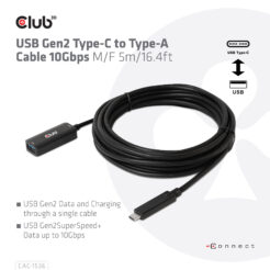 CLUB3D USB Gen2 Type-C to Type-A Cable 10Gbps M/V 5m - Afbeelding 5