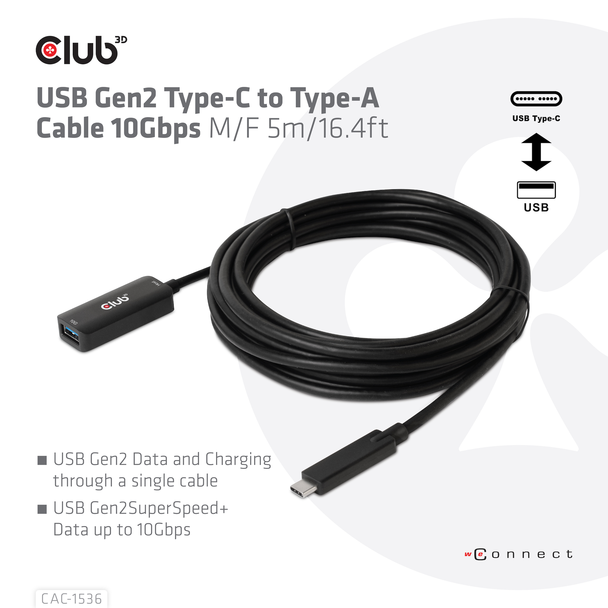 CLUB3D USB Gen2 Type-C to Type-A Cable 10Gbps M/V 5m - Afbeelding 5