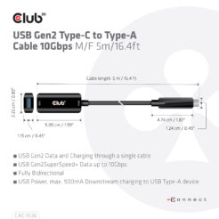 CLUB3D USB Gen2 Type-C to Type-A Cable 10Gbps M/V 5m - Afbeelding 6