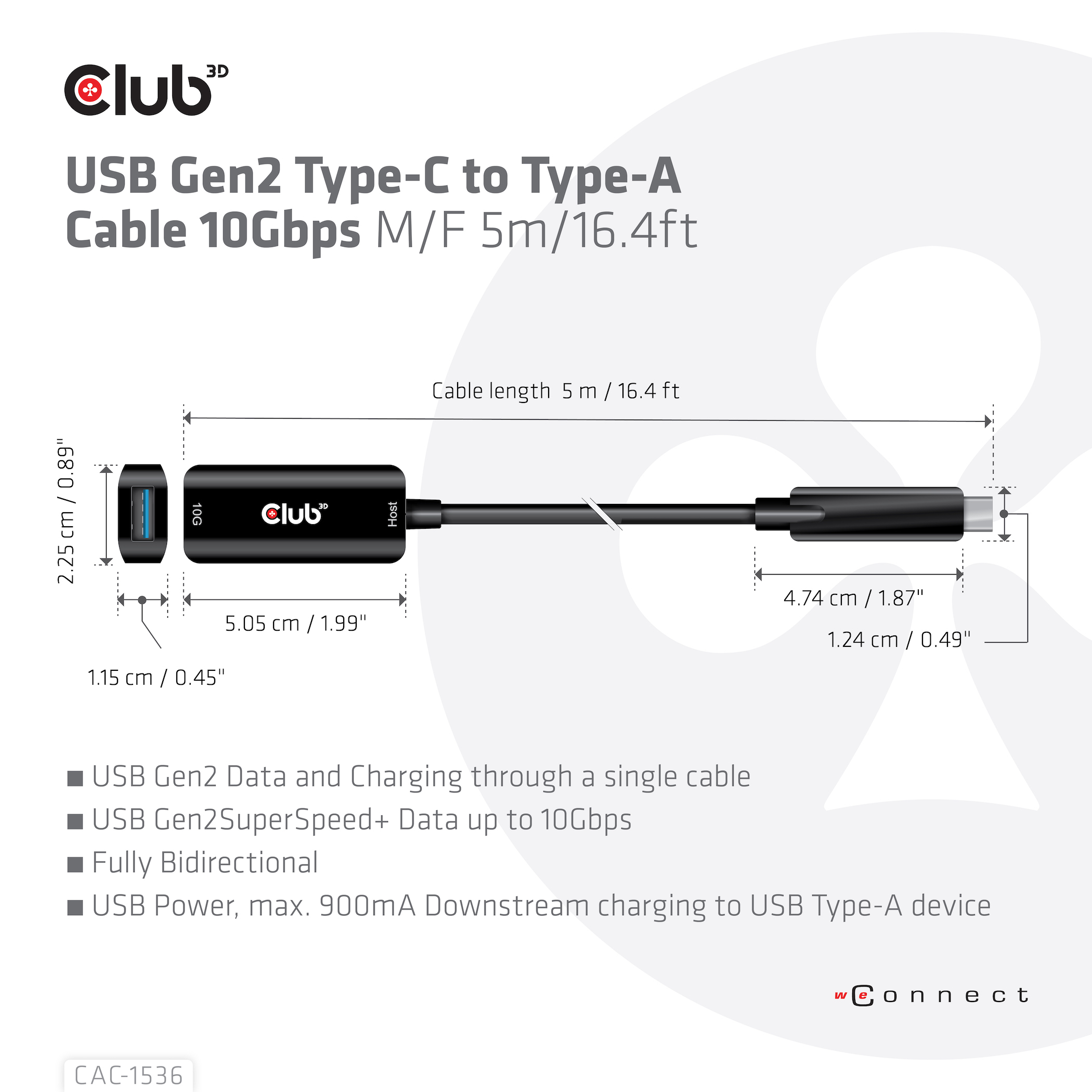 CLUB3D USB Gen2 Type-C to Type-A Cable 10Gbps M/V 5m - Afbeelding 6