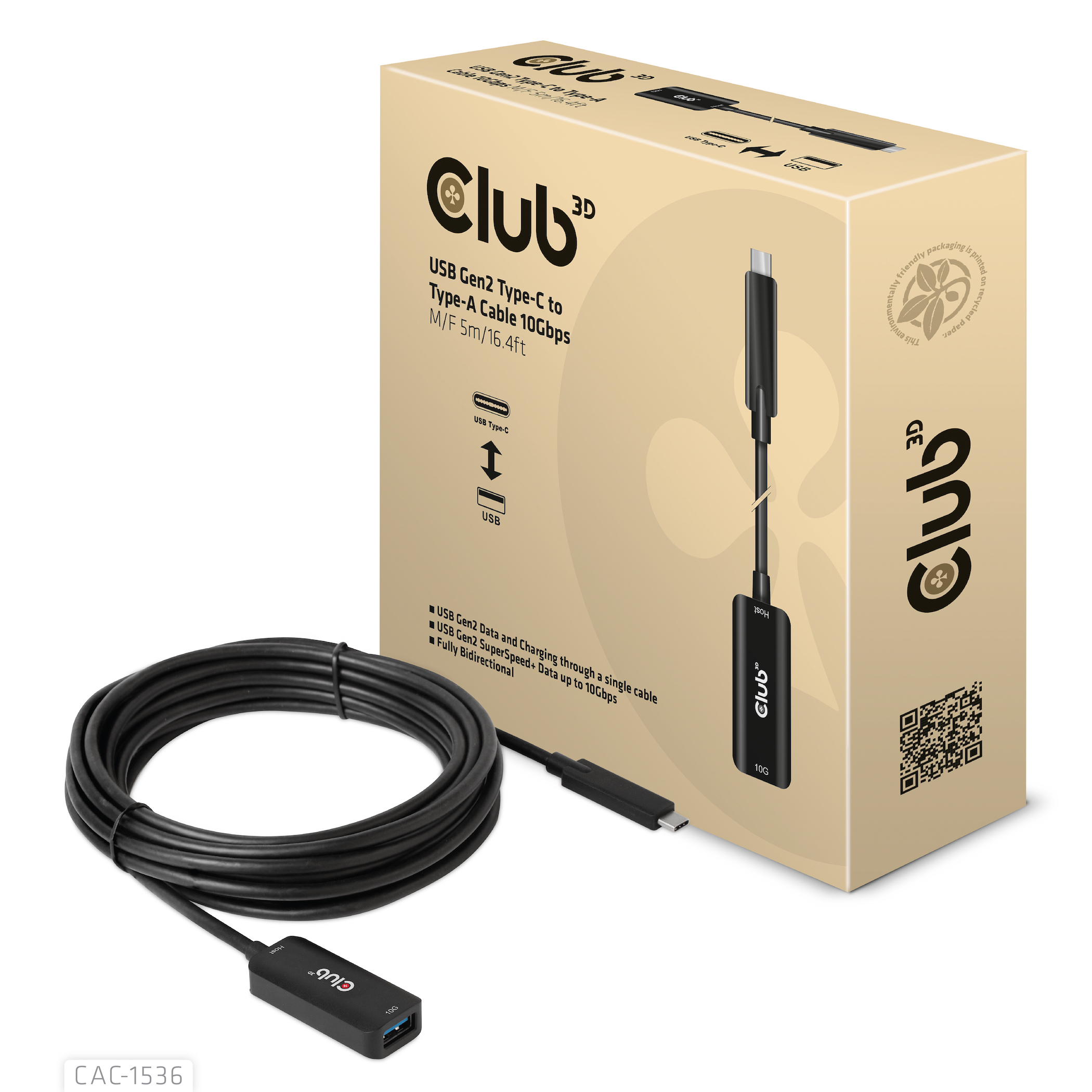 CLUB3D USB Gen2 Type-C to Type-A Cable 10Gbps M/V 5m - Afbeelding 2