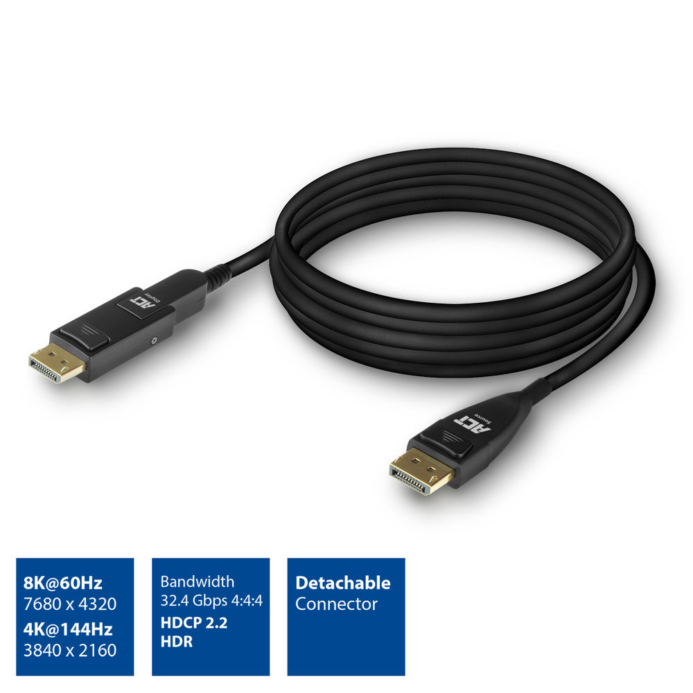 ACT DisplayPort 1.4 Active Optical Cable 8K 25 meter met afneembare connector - Afbeelding 3