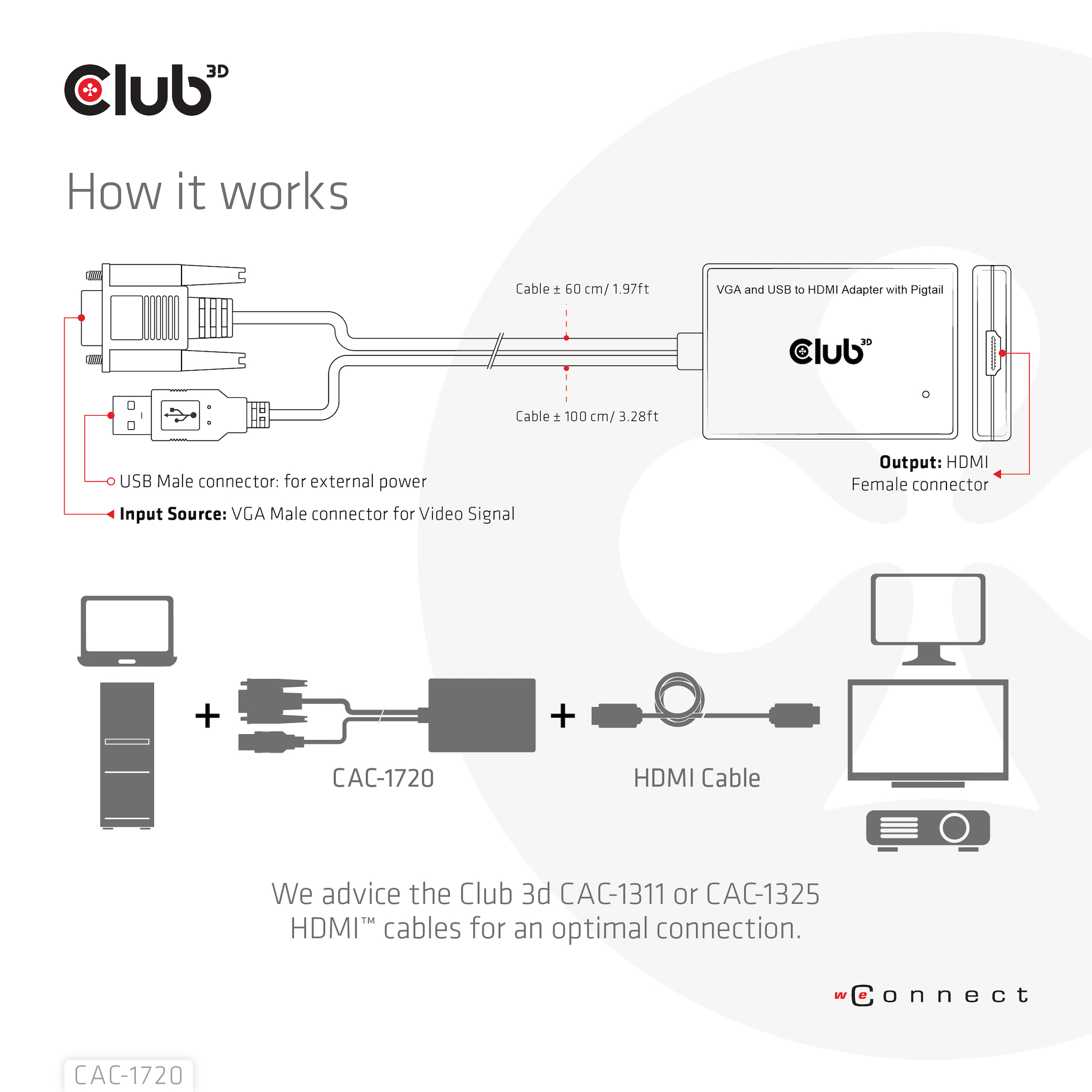 CLUB3D VGA and USB Type-A to HDMI Adapter with Pigtail M/F 0.6m/1.97ft 28AWG - Afbeelding 5