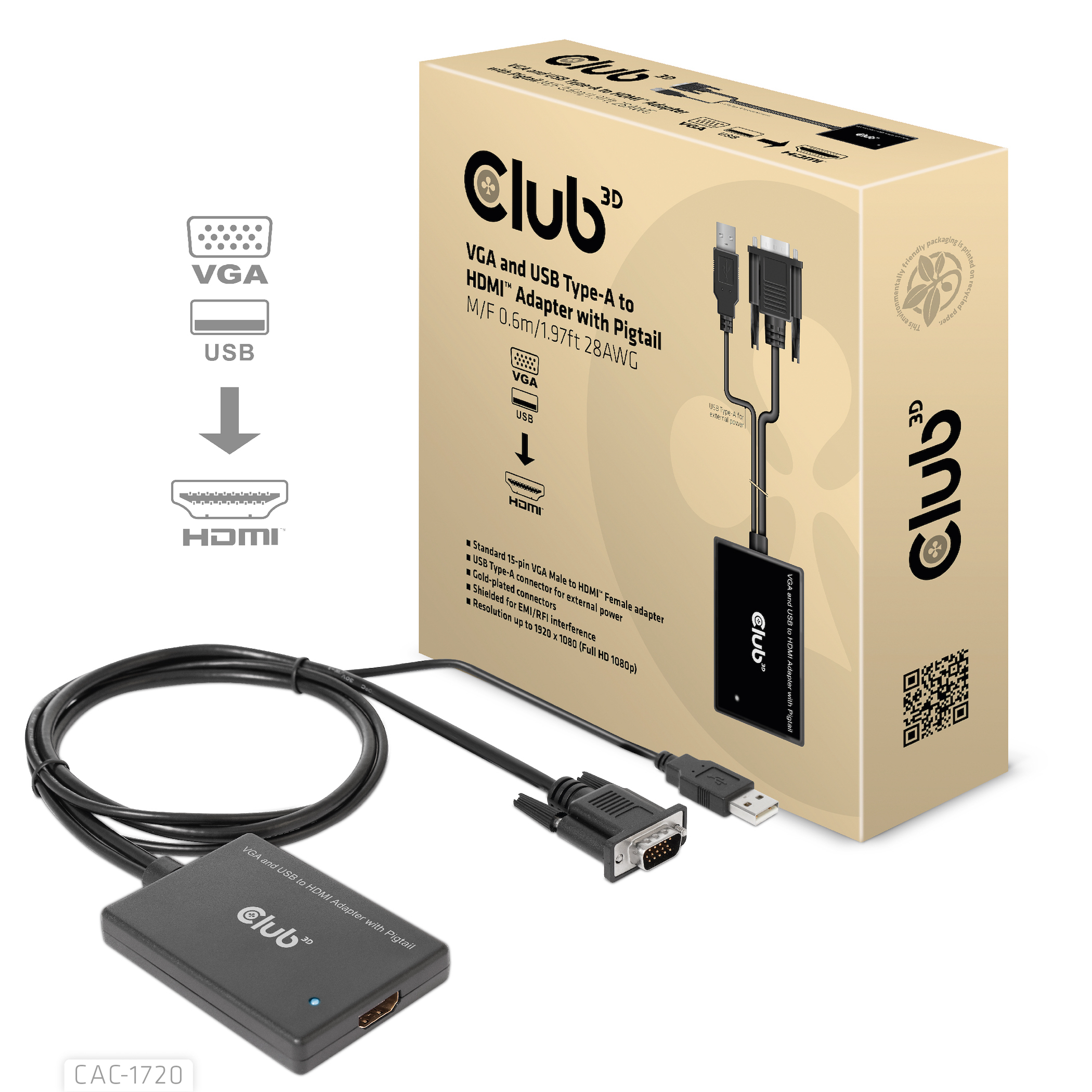 CLUB3D VGA and USB Type-A to HDMI Adapter with Pigtail M/F 0.6m/1.97ft 28AWG - Afbeelding 2