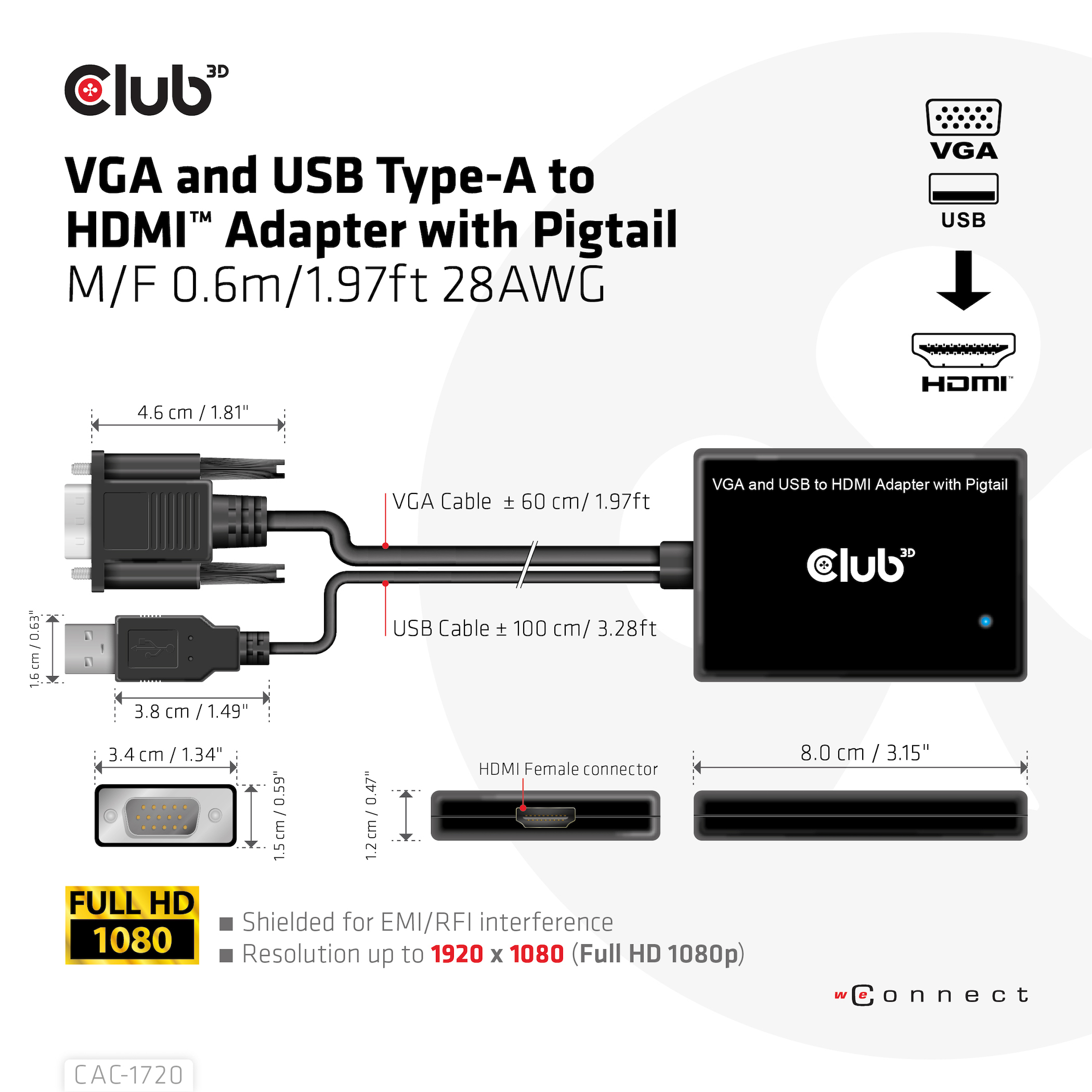 CLUB3D VGA and USB Type-A to HDMI Adapter with Pigtail M/F 0.6m/1.97ft 28AWG - Afbeelding 4