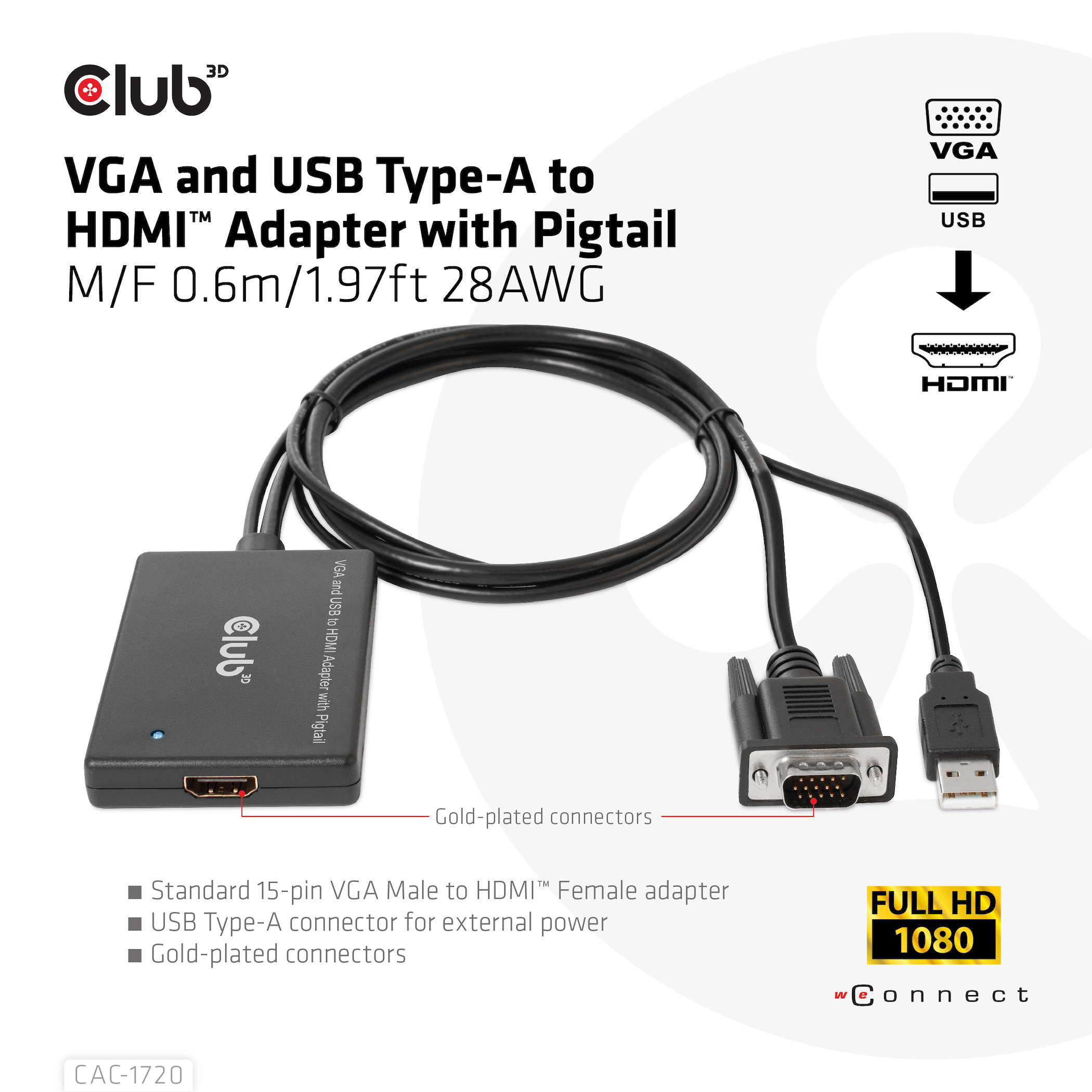 CLUB3D VGA and USB Type-A to HDMI Adapter with Pigtail M/F 0.6m/1.97ft 28AWG - Afbeelding 3