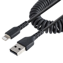 StarTech.com 1m USB A naar Lightning Kabel, Zwart, MFi Gecertificeerd, iPhone Lader Spiraalkabel, Duurzame Aramidevezels, Robuuste USB Lightning Laadkabel
