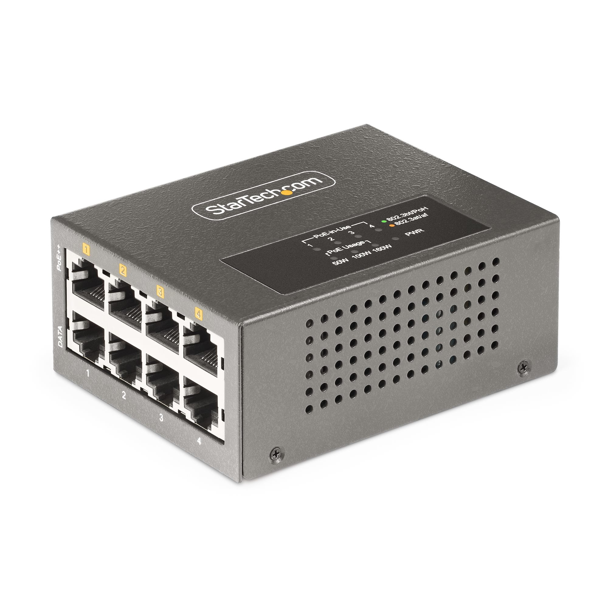 StarTech.com 4-Port Multi-Gigabit PoE++ Injector, 5/2.5/1G Ethernet (NBASE-T), PoE/PoE+/PoE++ (802.3af/802.3at/802.3bt), 160W PoE Budget, Wand/DIN Rail Monteerbaar, Onbeheerd - Afbeelding 2