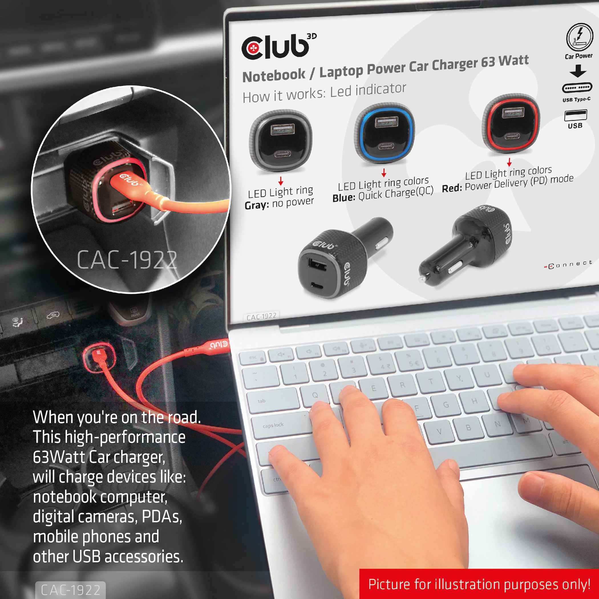 CLUB3D Notebook / Laptop Power Car Charger 63 Watt - Afbeelding 5