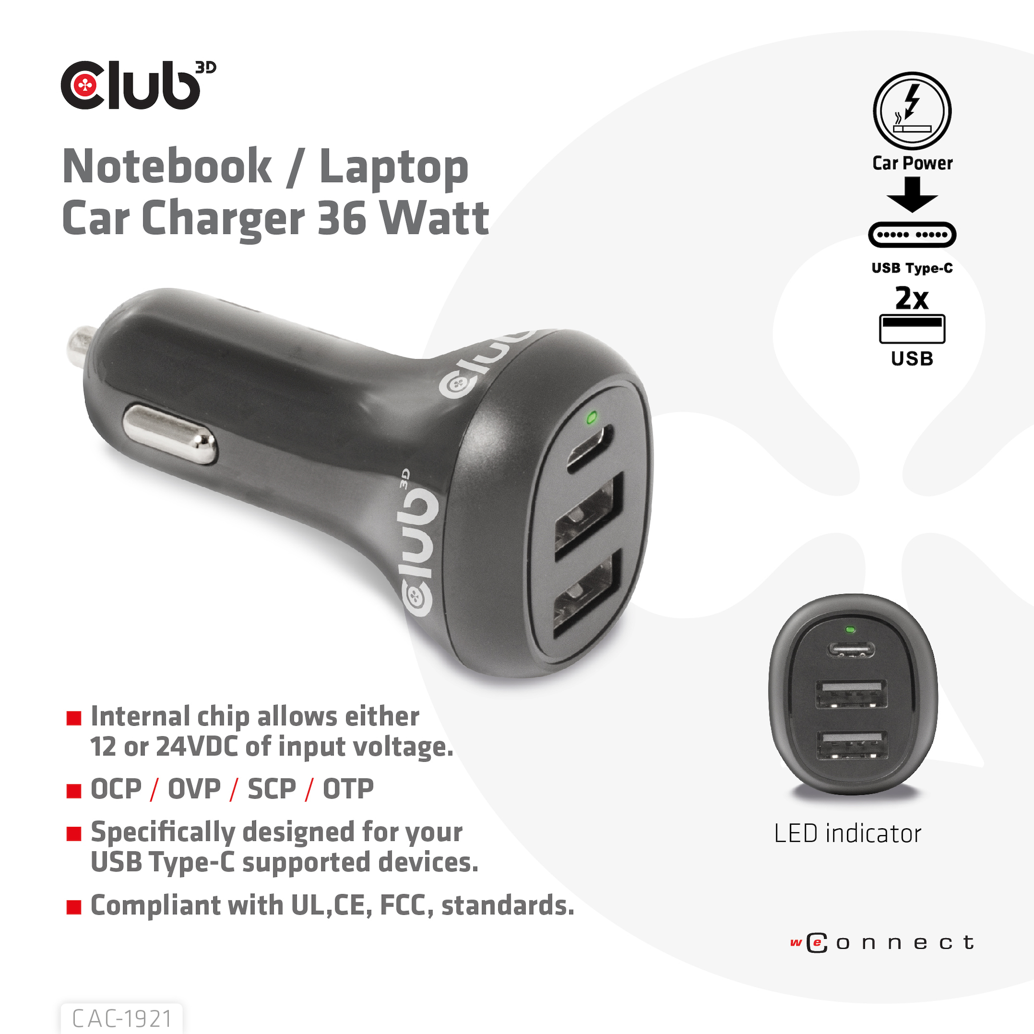 CLUB3D Notebook / Laptop Car Charger 36 Watt - Afbeelding 3