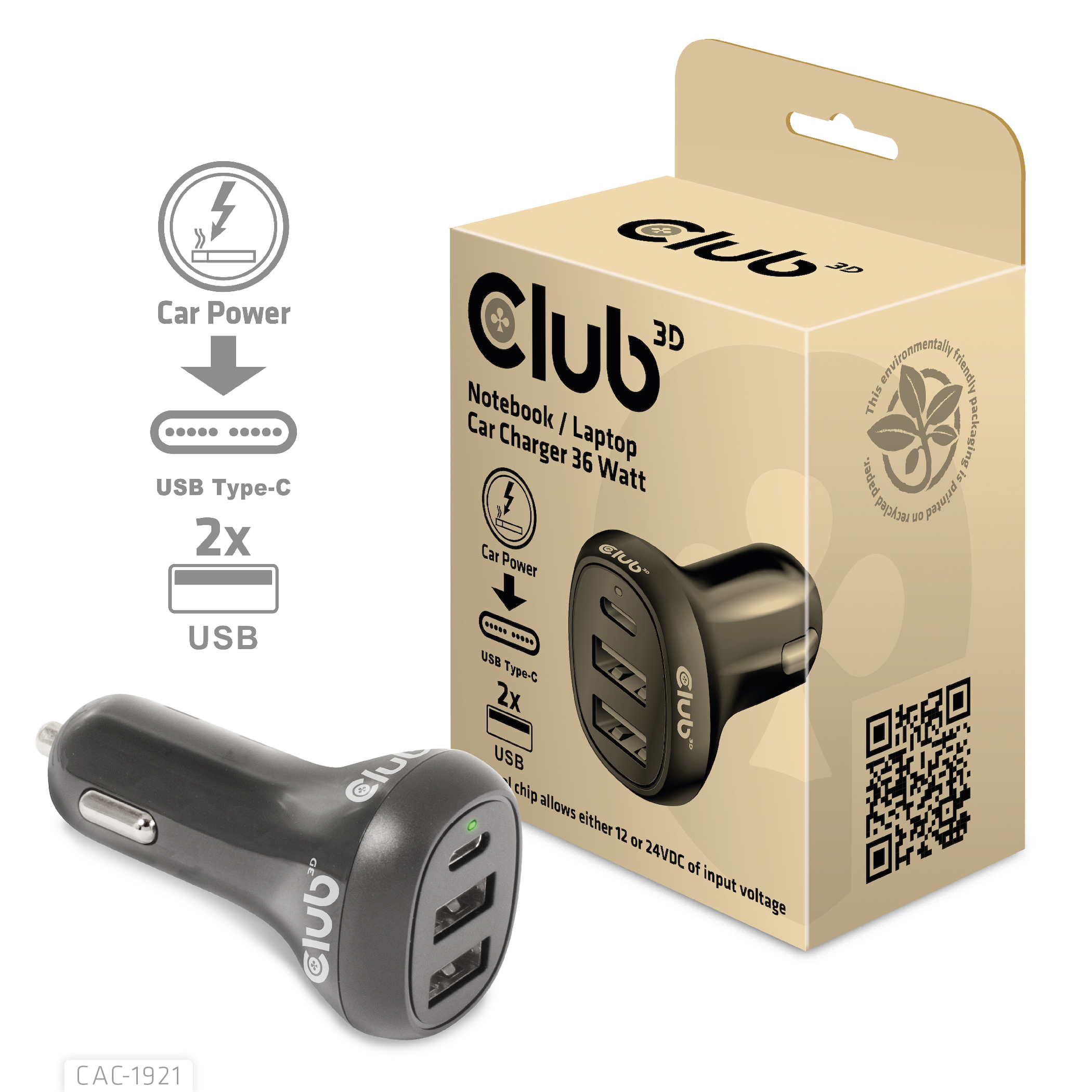 CLUB3D Notebook / Laptop Car Charger 36 Watt - Afbeelding 2