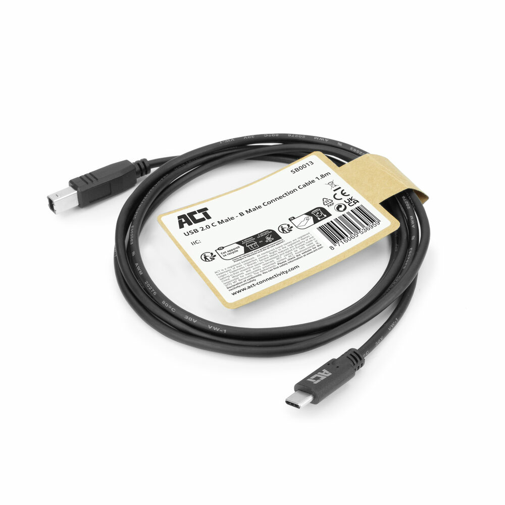 ACT USB 2.0 kabel, USB-C naar USB-B, 1,8 meter - Afbeelding 3