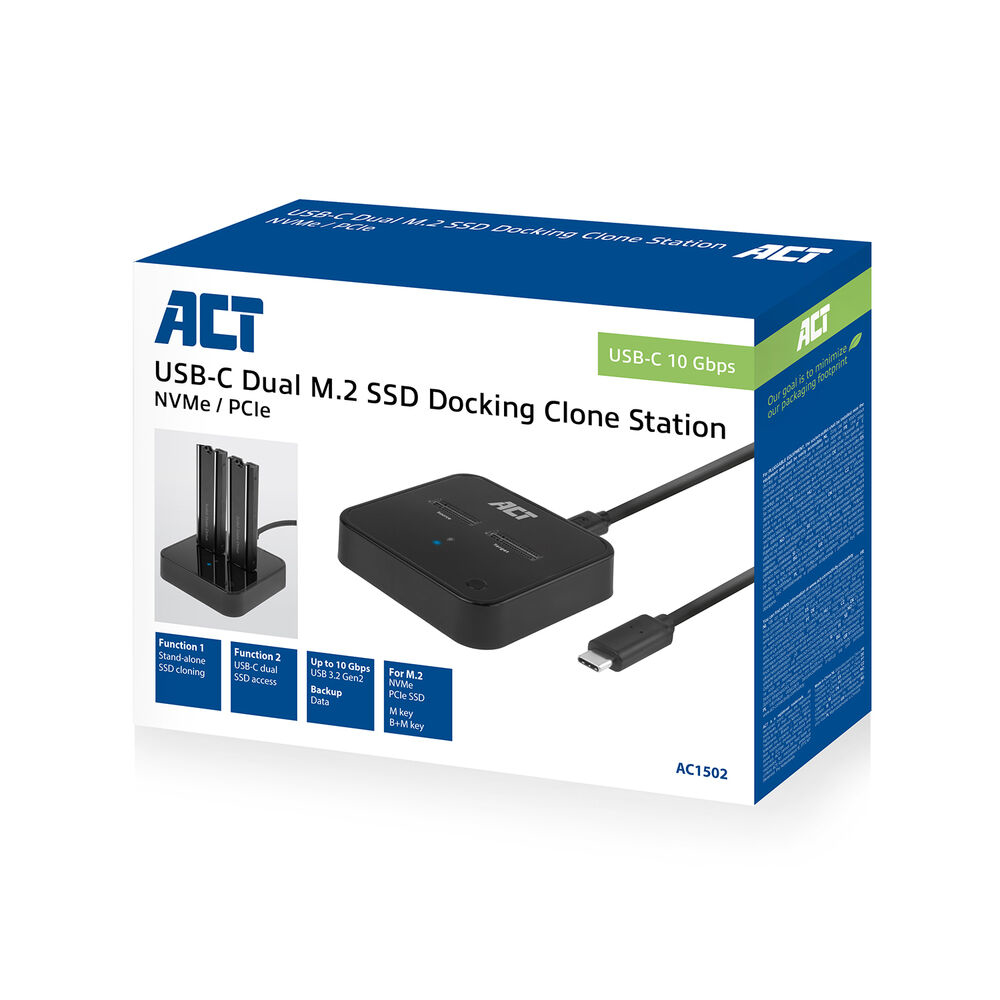 ACT M.2 NVMe/PCIe dual SSD docking clone station, USB-C 3.2 Gen2 - Afbeelding 3