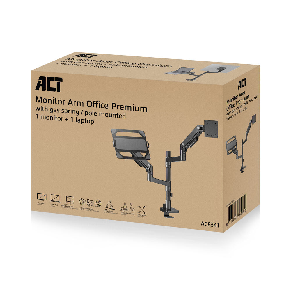 ACT Monitorarm 49" met laptophouder office premium, gasveer, paalbevestiging, 1 scherm - Afbeelding 6