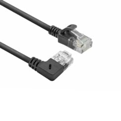 ACT Zwarte 0,25 meter U/UTP CAT6A LSZH slimline patchkabel met RJ45 connectoren, recht naar 90° haaks rechts