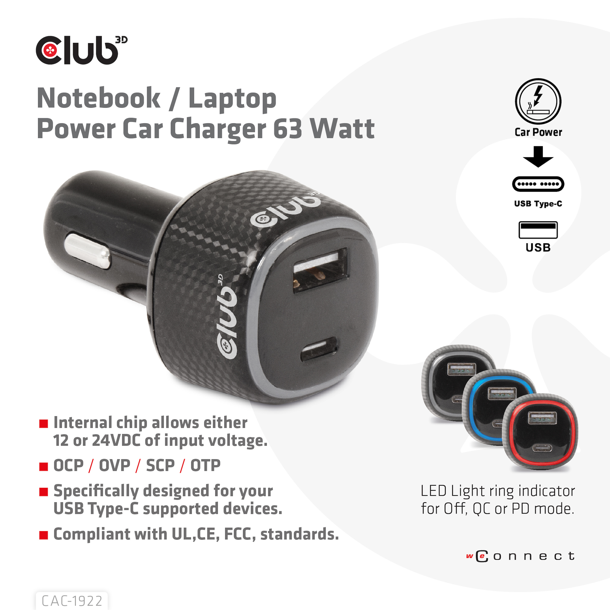 CLUB3D Notebook / Laptop Power Car Charger 63 Watt - Afbeelding 3