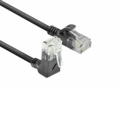 ACT Zwarte 0,25 meter U/UTP CAT6A LSZH slimline patchkabel met RJ45 connectoren, recht naar 90° haaks boven