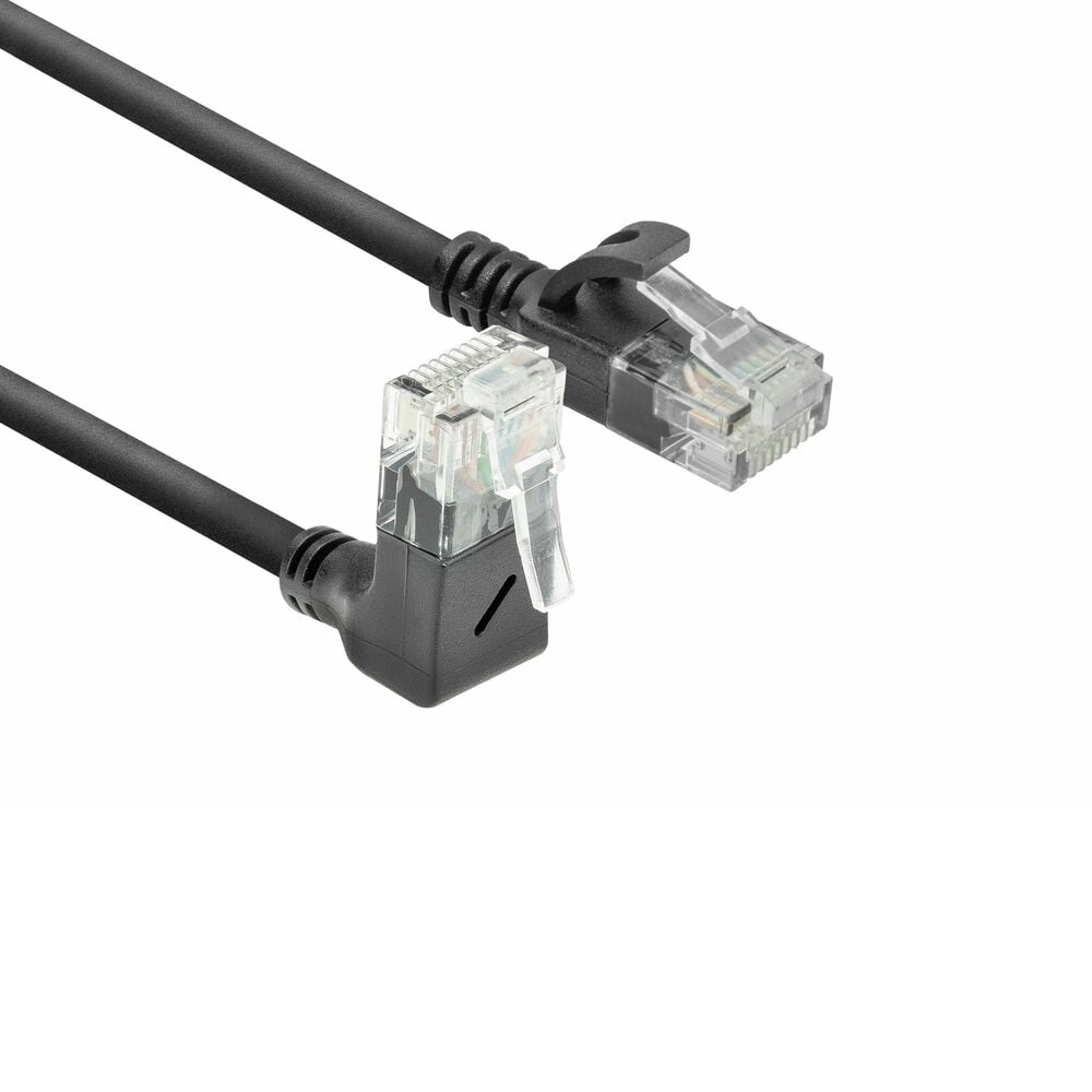 ACT Zwarte 0,15 meter U/UTP CAT6A LSZH slimline patchkabel met RJ45 connectoren, recht naar 90° haaks boven
