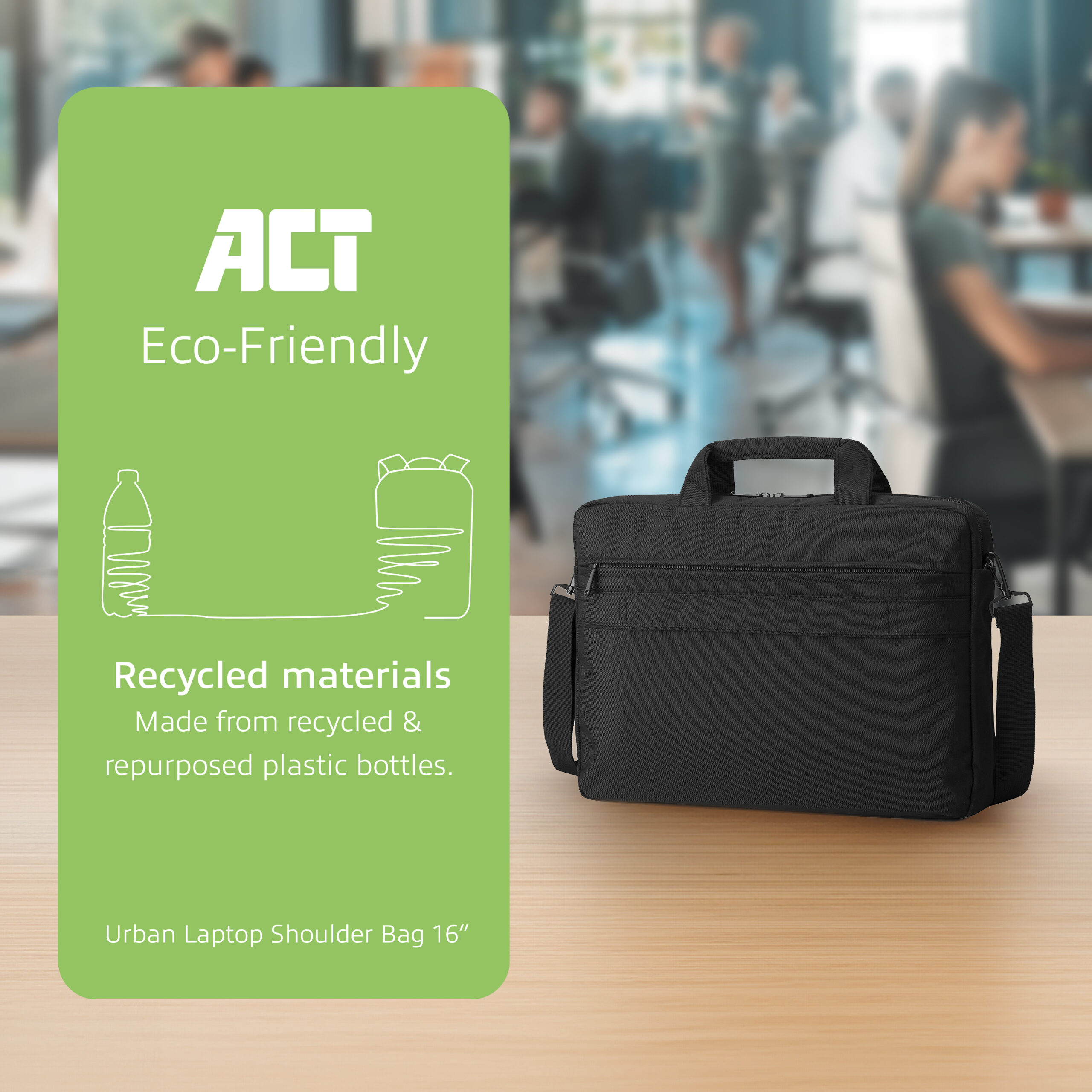 ACT Urban schoudertas voor laptops tot 16”, gemaakt van gerecyclede plastic flessen - Afbeelding 3