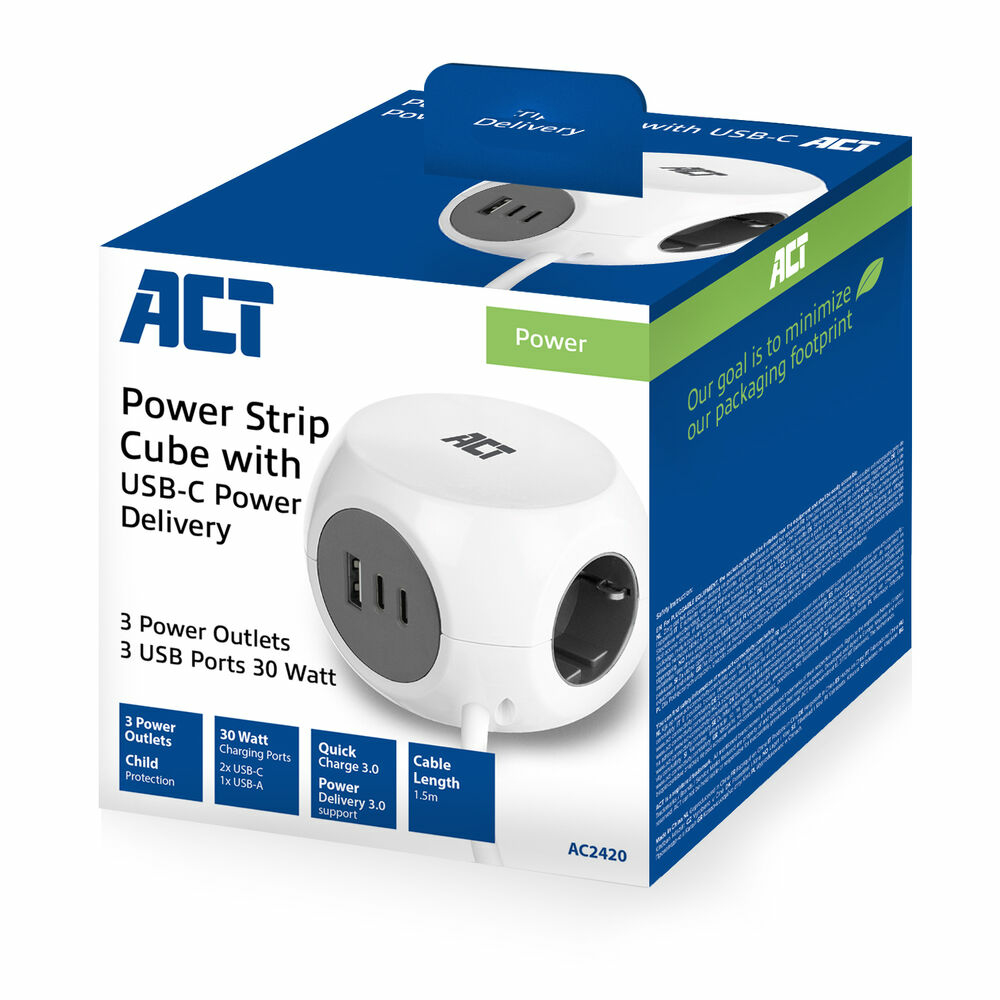 ACT AC2420 power uitbreiding 1,5 m 3 AC-uitgang(en) Binnen Wit - Afbeelding 5