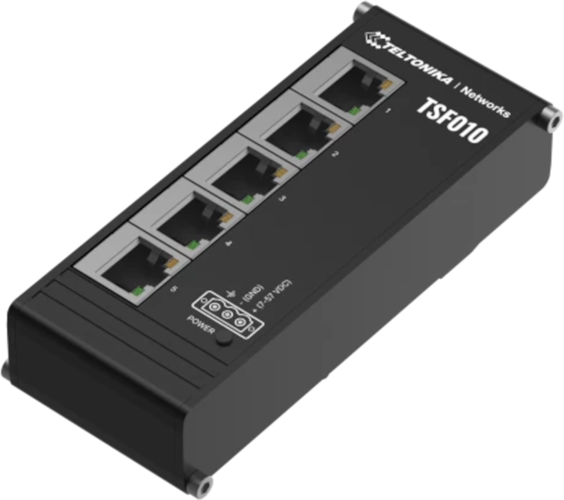 unmanaged Ethernet switch featuring a flat design and integrated DIN rail mounting for plug-and-play deployment in industrial cabinet applications.