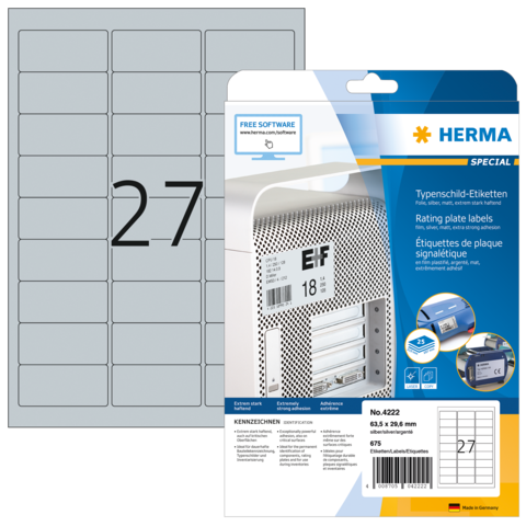 HERMA Typenschildetiketten A4 63,5x29,6 mm Folie 675 St.