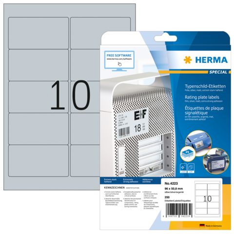 HERMA Typenschildetiketten A4 silb. 96x50,8 mm Folie 250 St.