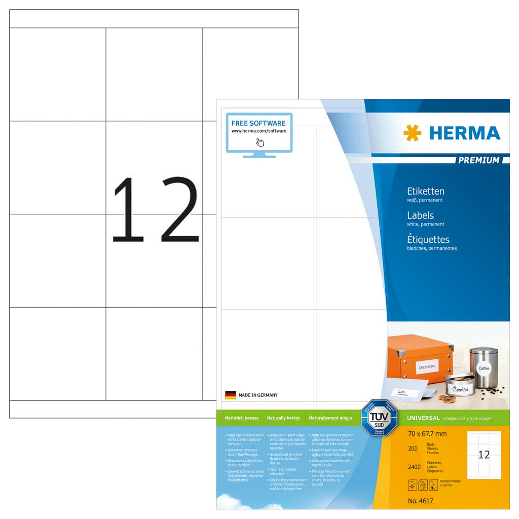 HERMA Etiketten Premium A4 weiß 70x67,7 mm Papier 2400 St.