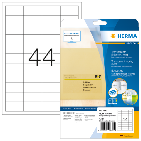 HERMA Etiketten transp. mat A4 48,3x25,4 mm Folie 1100 St.